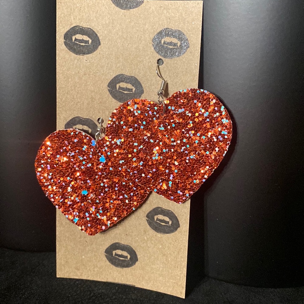 Red sparkly heart earrings silver hooks